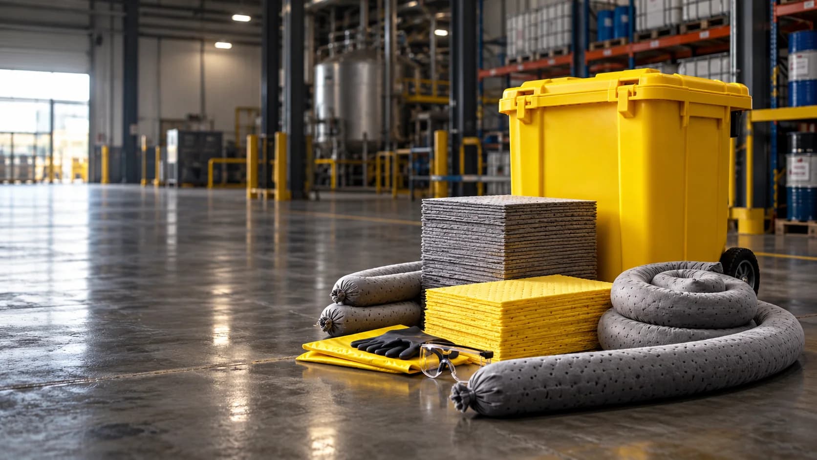 Kit antiderrame amarillo con paños y salchichas absorbentes en una planta industrial