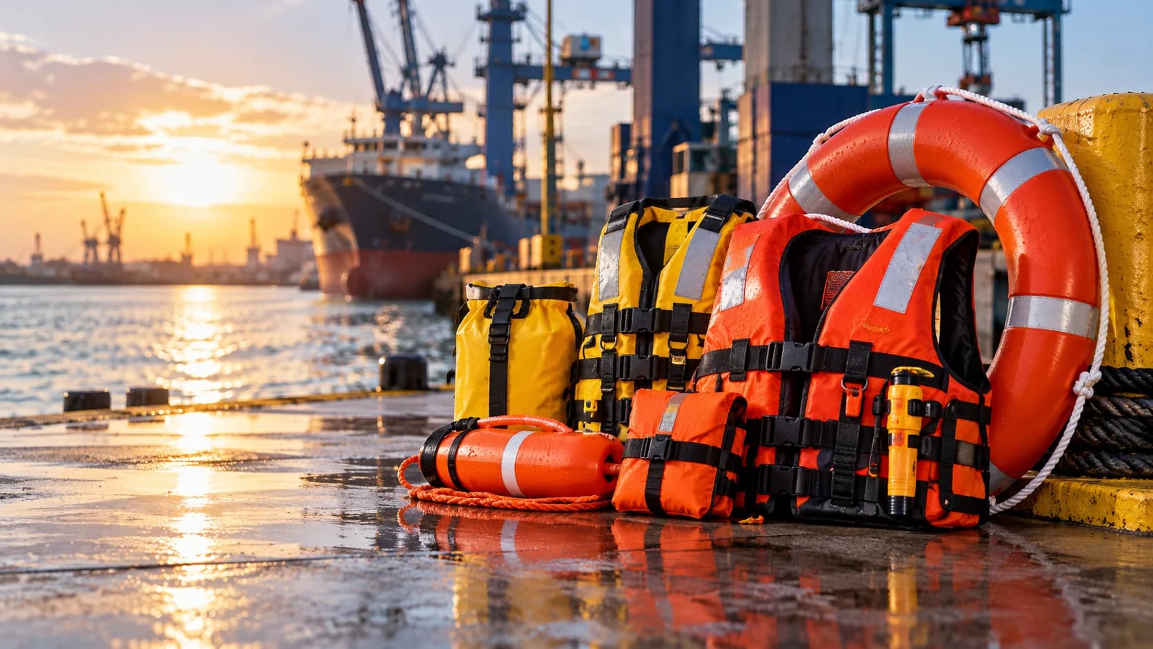 Chalecos y aro salvavidas en un muelle portuario al atardecer