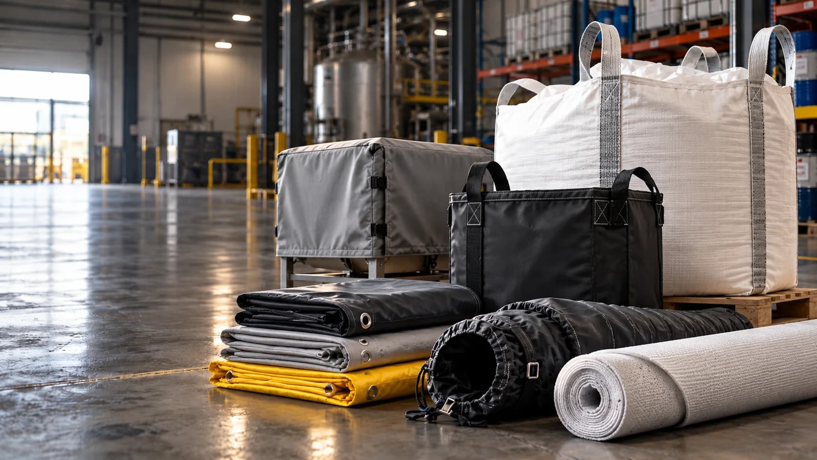 Lonas, bolsas y confecciones textiles técnicas en un almacén industrial